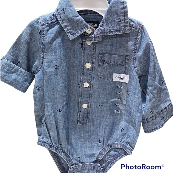 NWT! OshKosh Anchor Chambray Bottom Front w/Pocket Baby Boys Bodysuit Size 6M